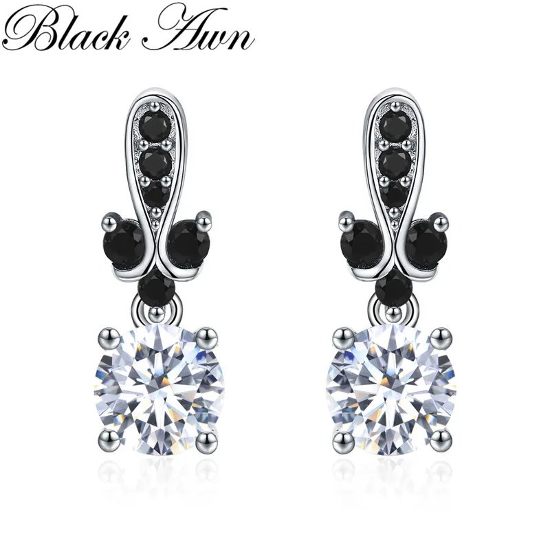 Black Awn 2022 New Cute Silver Color Black Spinel Trendy Engagement Earrings for Women Fashion Jewelry Gift II143