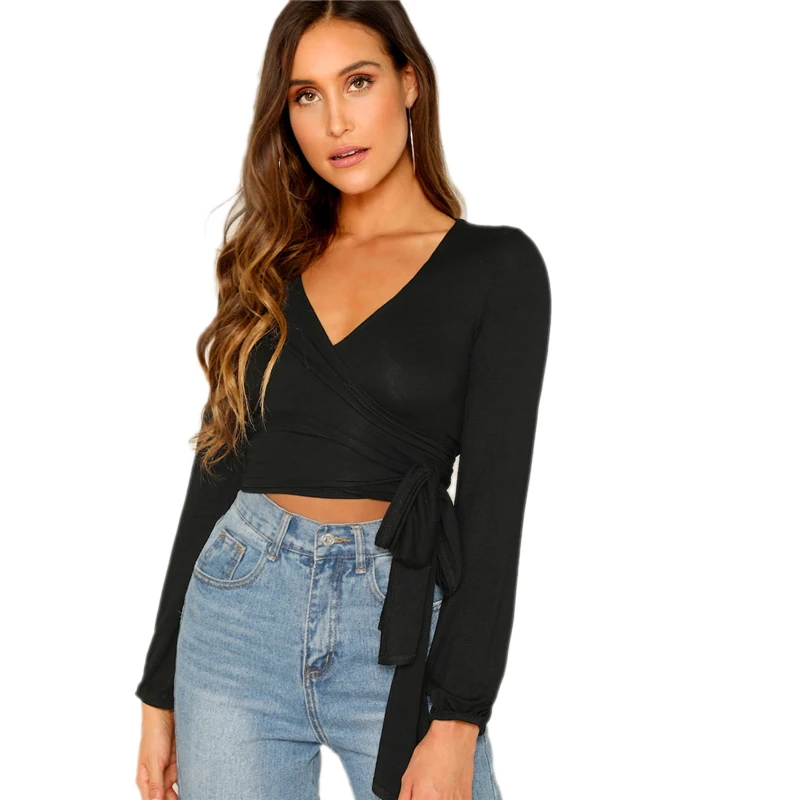 SHEIN Укороченный Топ С Глубоким V-Образным Вырезом И Узлом Женский Черный Богемный Топ С Длинными Рукавами