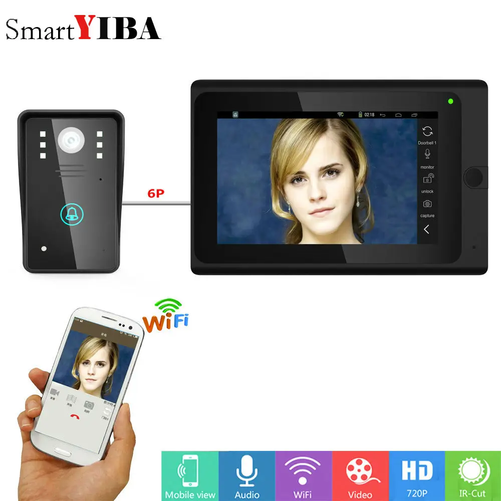 black SmartYIBA 7 дюймов проводной/беспроводной Wifi IP видео дверной звонок Домофон система входа с проводной камерой ночного видения - Цвет: black