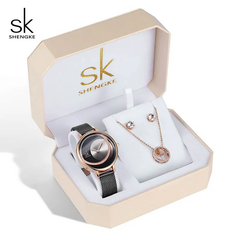 

Комплект женских наручных часов Shengke, комплект роскошных наручных часов с кристаллами, серьги, ожерелье, кварцевые часы, женский браслет, на...