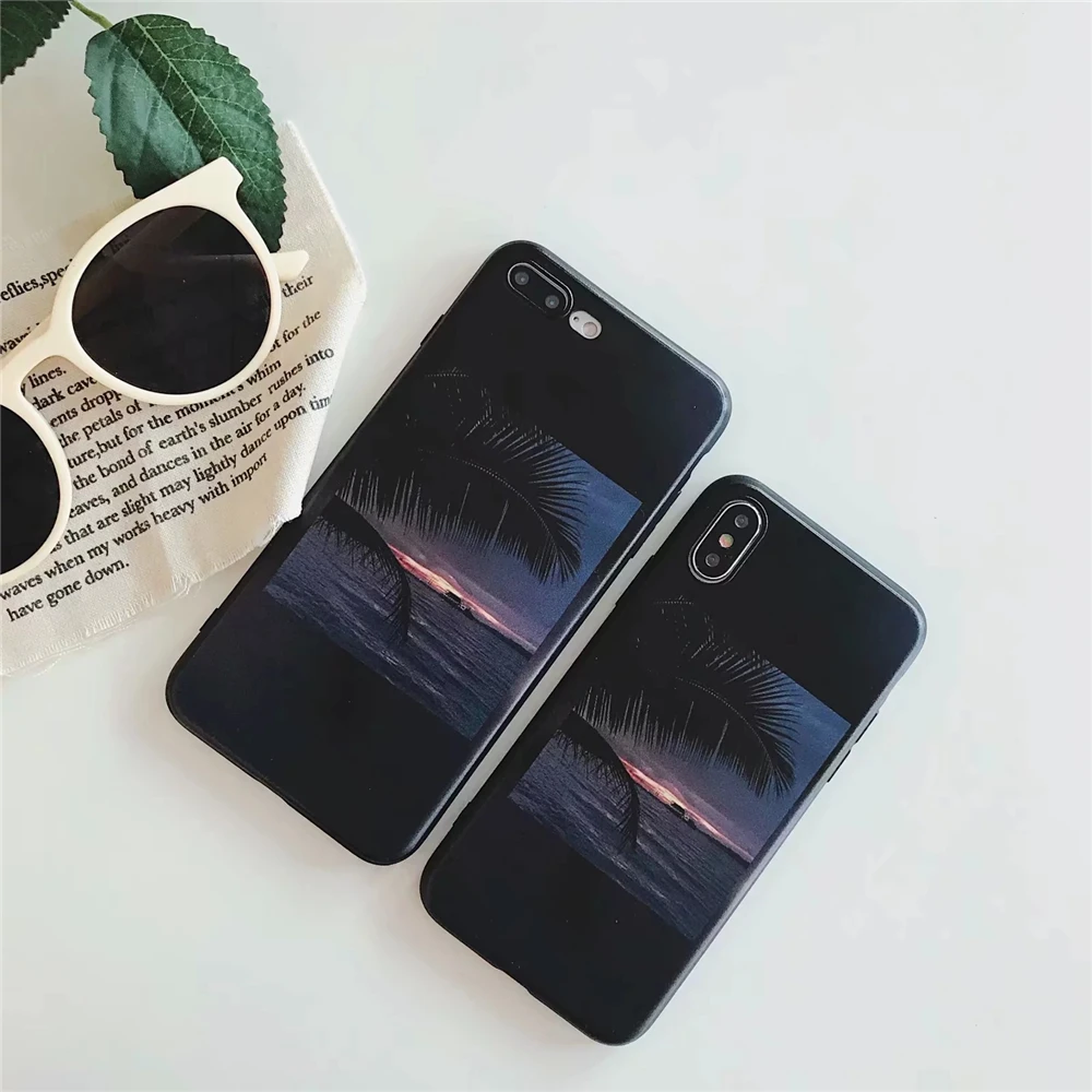 Красивый закат Фиолетовый облака чехол для iPhone 7 кокосовых пальм картина Soft