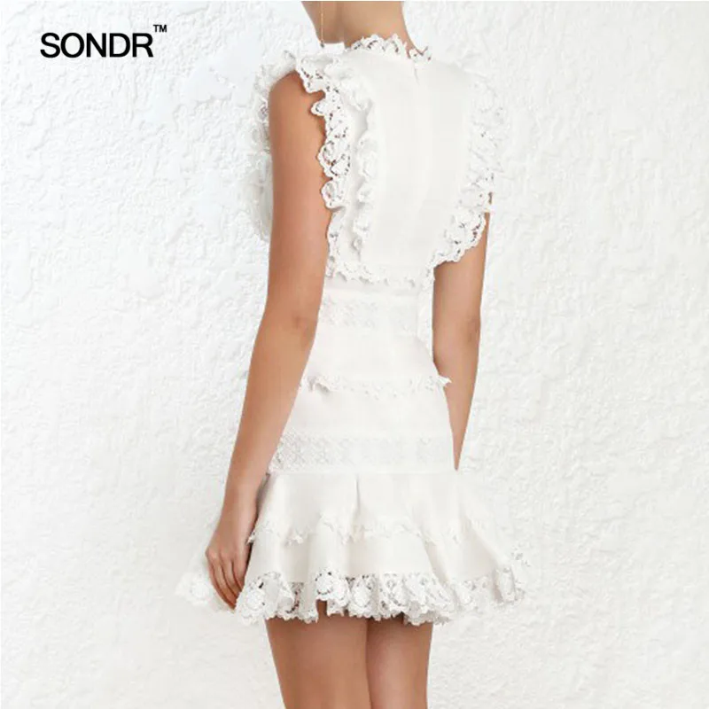 SONDR Patchwork Lace Dress Women V Neck Sleeveless High Waist Mini Mermaid Dresses Female Elegant Fashion 2019 Summer New | Женская