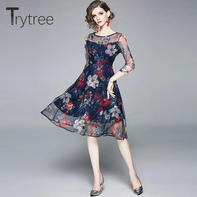 Trytree/летнее женское платье с элегантным круглым вырезом и принтом темно-синие