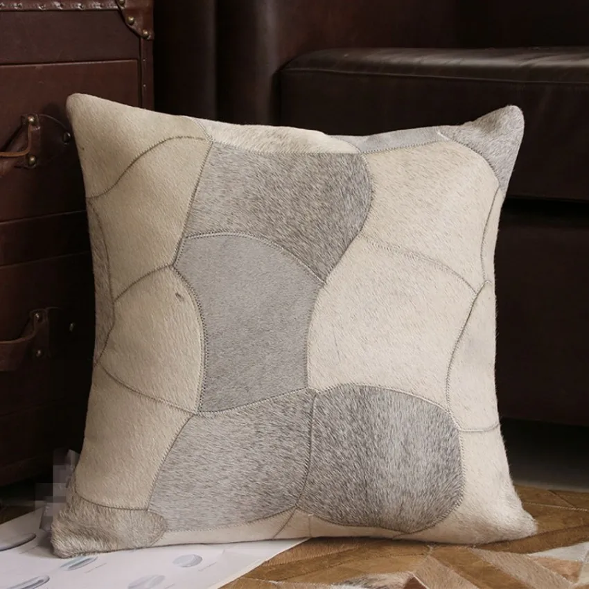 Односторонняя подушка из воловьей кожи меховая без сердечника натуральный серый