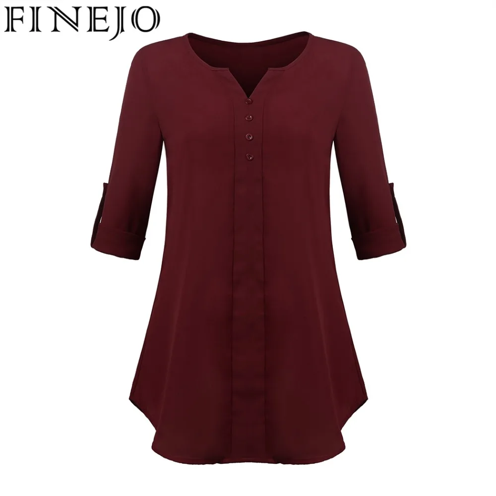 FINEJO женская блузка Blusas топы однотонные на каждый день пуговицах v образный вырез