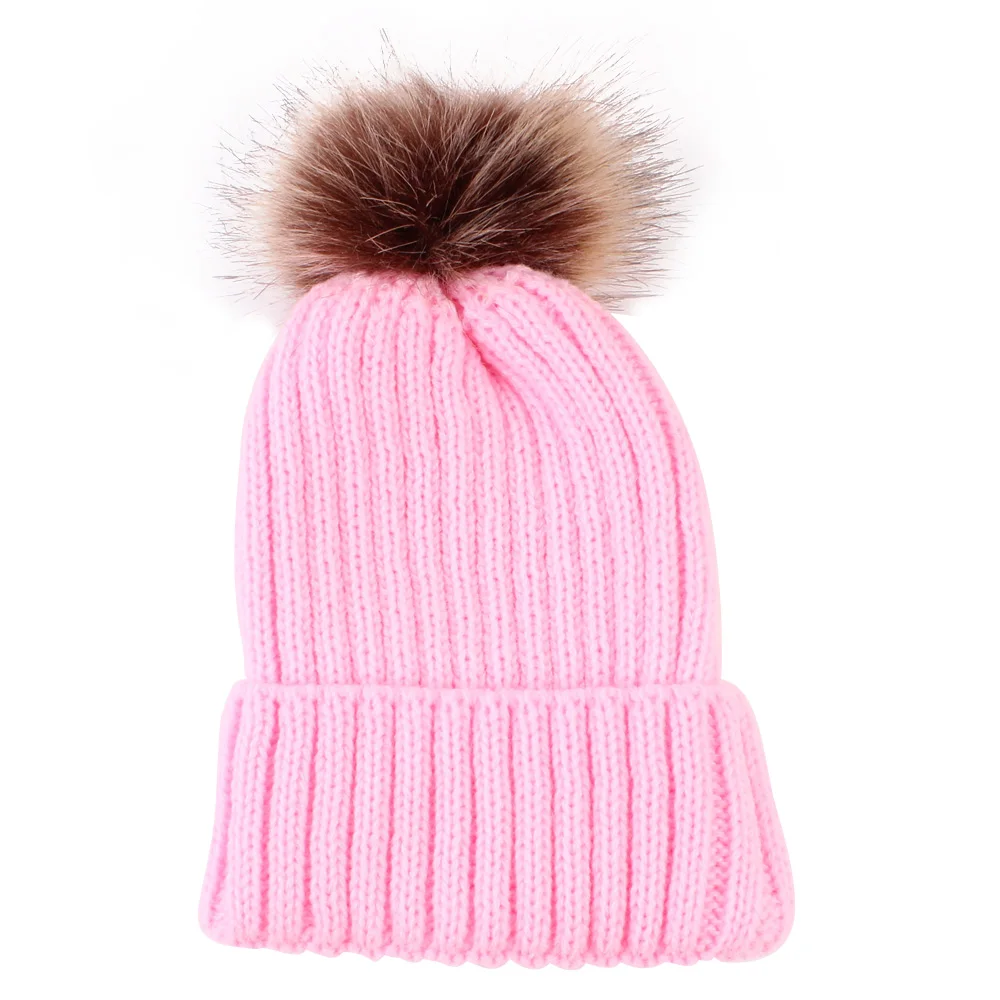 Puseky Artificial Fur Hat For Kids Children Baby Boys Girls Winter Ball Knit Faux Raccoon Pom Bobble Beanie Caps | Детская одежда и