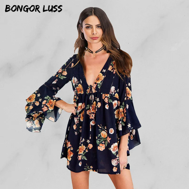 BONGOR LUSS/осеннее шифоновое платье с цветочным принтом и глубоким v-образным вырезом