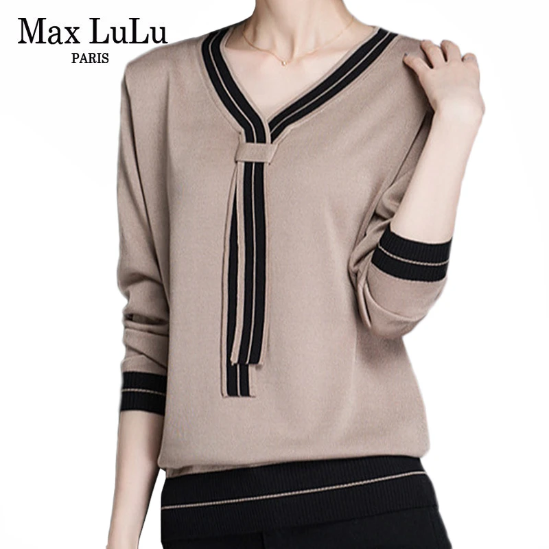 Max LuLu Winter Fashion Korean Style Vintage Wool Knitwear Womens Cotton Knitted Sweaters Striped Warm Female V Neck Pullovers | Женская
