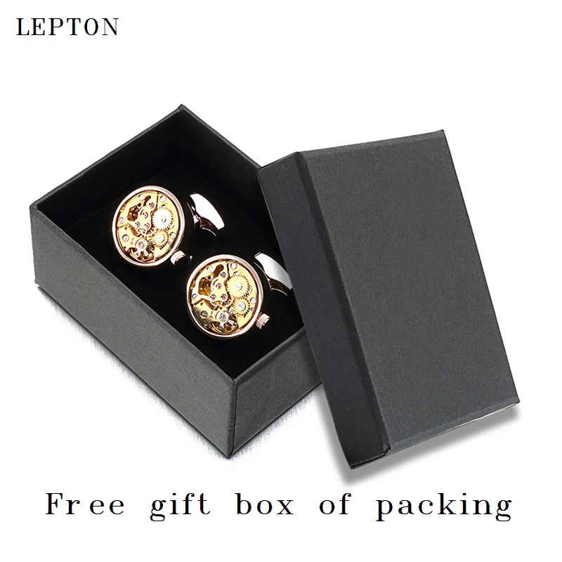 

Hot Functional Watch Movement Cufflinks for Mens Lepton Stainless Steel Steampunk Gear Watch Mechanism Cuff links With Gift Box