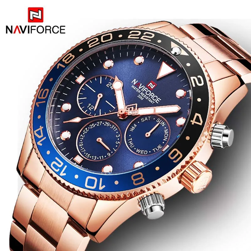 NAVIFORCE часы мужские люксовый бренд водонепроницаемые золотые модные мужские часы из нержавеющей стали кварцевые мужские часы Relogio Masculino - Цвет: Rose Gold Blue