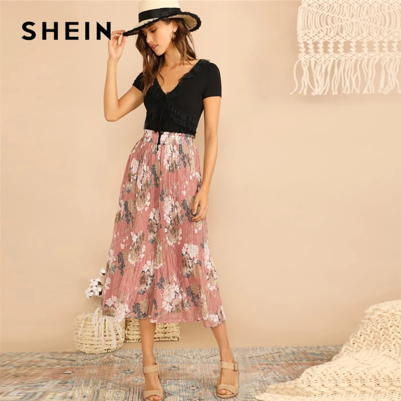 SHEIN Широкие Брюки Со Складками И Цветочным Принтом Женская Многоцветная Летняя Юбка С Эластичной Талией