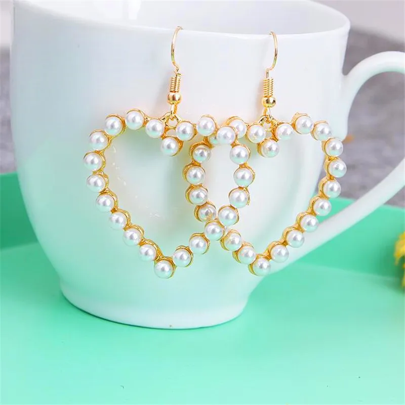 2018 Vintage Geometric Love Heart Shape Big Pearl Drop Dangle Earrings Retro Gold Silver Hang fashion women's Jewelry | Украшения и