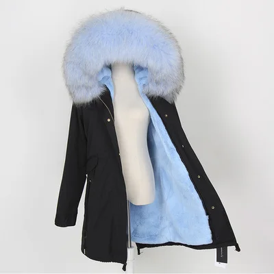 light blue end black Пальто из натурального меха, зимняя куртка, бренд, Женское пальто, Воротник из натурального Лисьего меха, свободная длинная парка, уличная одежда, новая корейская мода - Цвет: light blue end black