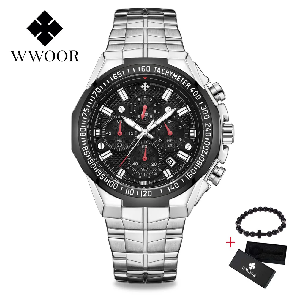 Silver and black Часы для мужчин лучший бренд класса люкс WWOOR золотой хронограф часы Человек золото большой циферблат мужской наручные - Цвет: Silver and black