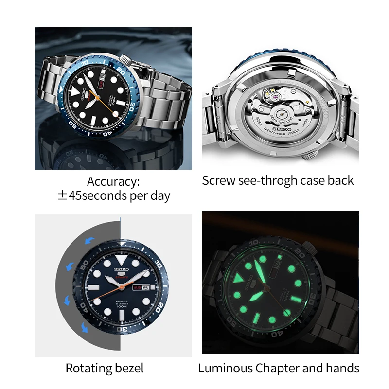 Оригинальные часы SEIKO5, спортивные, для дайвинга, плавания, автоматические механические наручные часы, два языка, календарь, мужские часы, гарантия