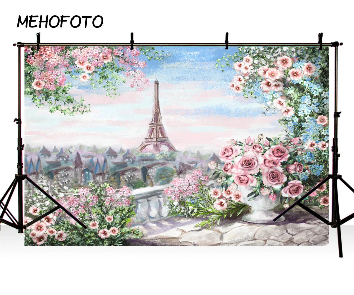 Виниловый фотографический фон MEHOFOTO с цветочным масляным принтом Эйфелева башня