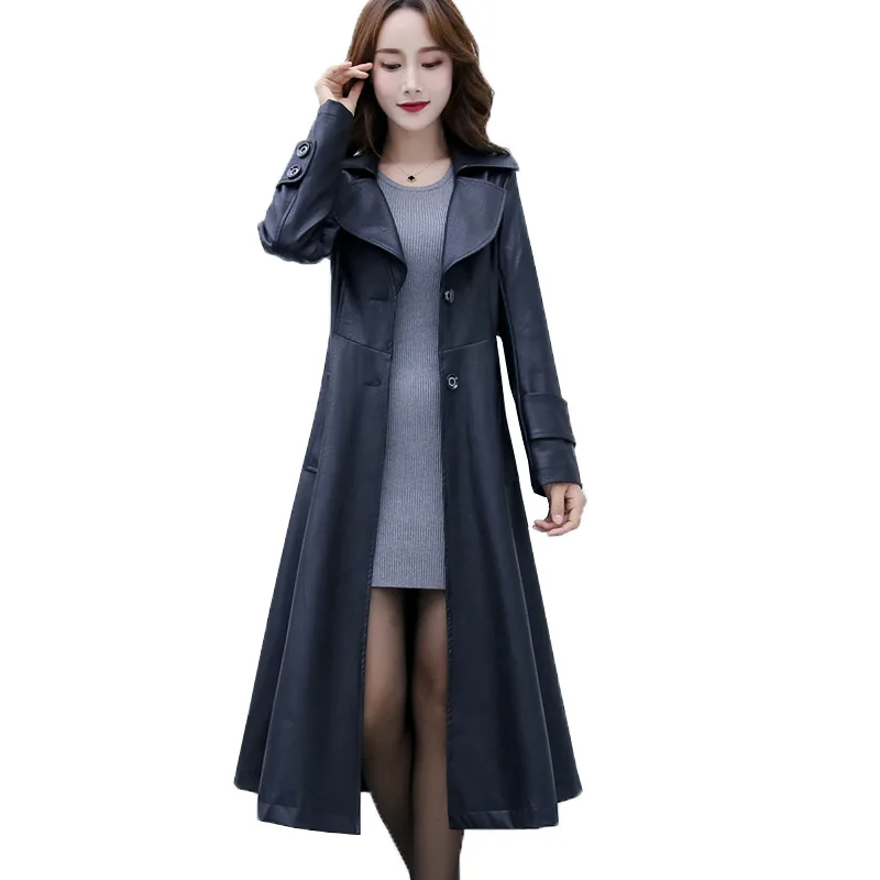 Модное женское пальто из искусственной кожи, большие размеры, XL-6XL, Длинные куртки, искусственная кожа, ветровка, женская тонкая черная кожаная верхняя одежда G156