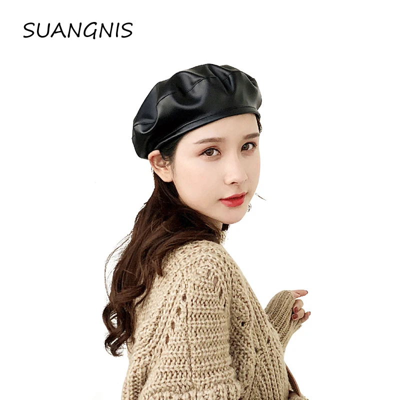 

2019 Fashion Style Berets Women Black Red Pu Leather Beret Hat For Women Spring Autumn Flat Cap Gorras Female Retro Beanie