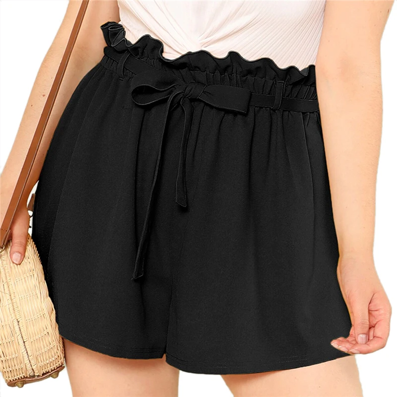 SHEIN, шорты размера плюс, одноцветные, бумажный мешок, талия,, женские, летние, элегантные, свободные, плиссированные, для офиса, широкие, с поясом