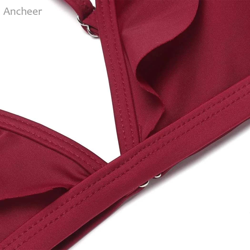New Brand Women Sexy V-Neck Spaghetti Strap Ruffles Solid Backless Swimsuit Split Bikini For Woman | Спорт и развлечения