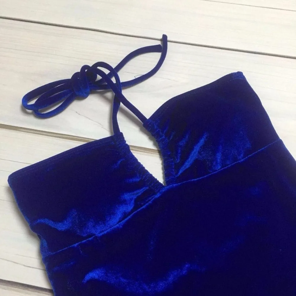 Новый 2018 Элегантный женский цельный сплошной синий купальник бархатный