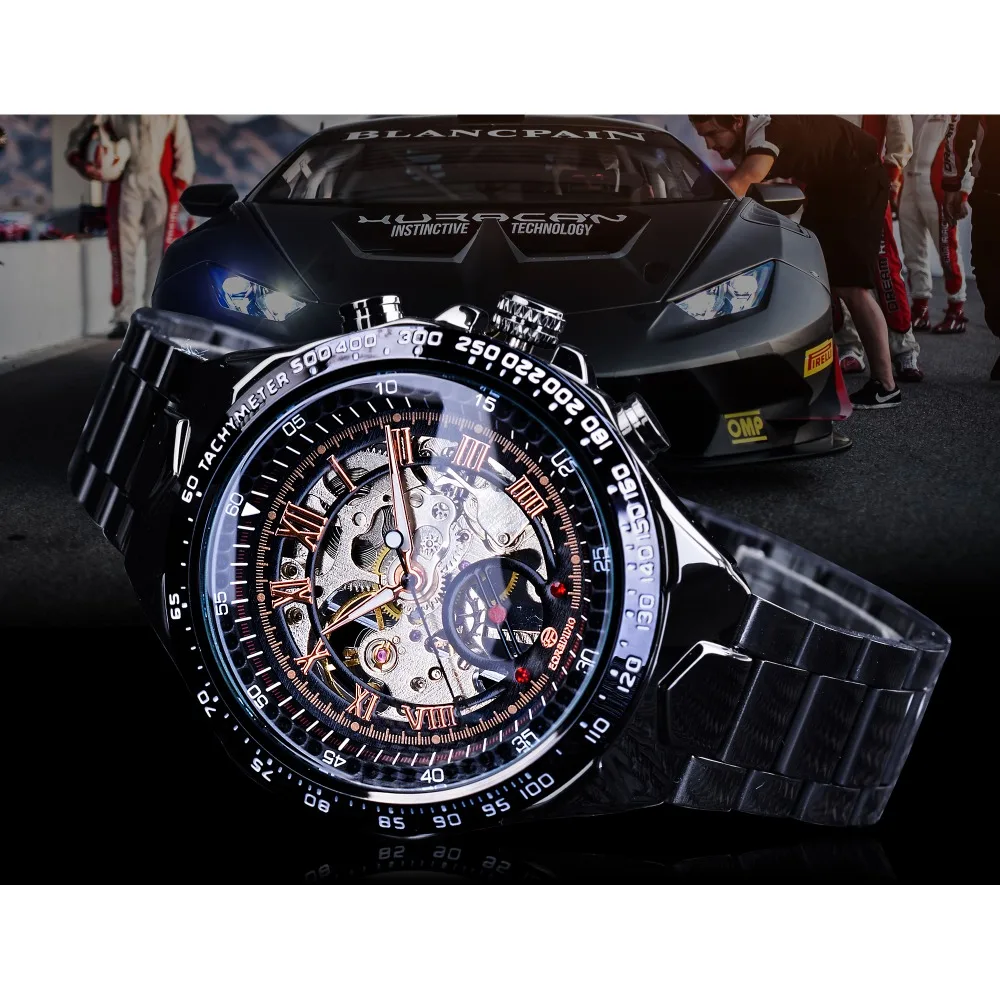 Forsining спортивные гоночные скоростные дизайнерские черные часы в стиле стимпанк