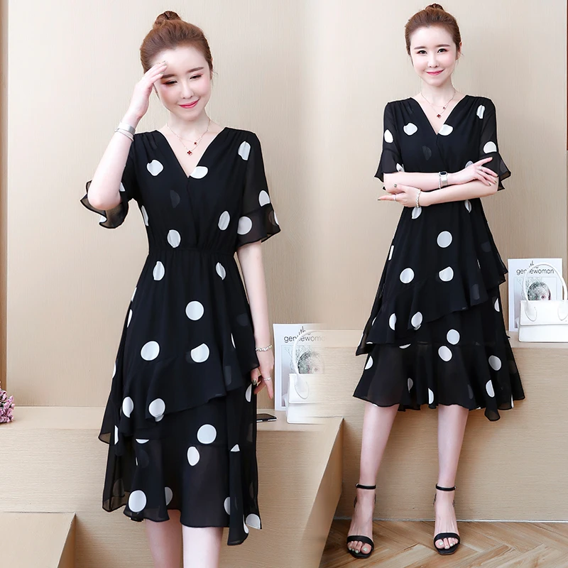 Женское шифоновое платье в горошек с V-образным вырезом размеры XXL XXXL 3XL XXXXL 4XL |