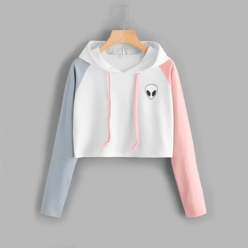 SweatyRocks инопланетянин принт контрастный рукав графическая Толстовка Женская Лоскутная с длинным рукавом укороченный топ пуловер для активного отдыха Повседневная Толстовка
