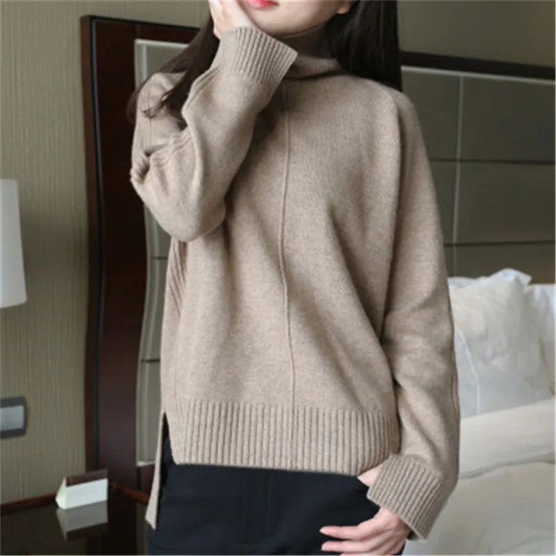 

new fashion goat cashmere thick knit women turtleneck irregular hem wide loose pullover sweater dark blue 6color S-L