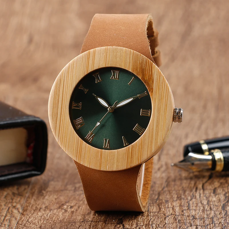 

Luxury Men Women Wood Watches Round Green Dial with Roman Number Leather Strap Quartz Analog Bamboo Wood Wrist Watch Creative