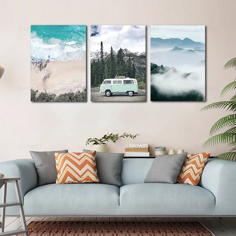 

Nordic Style Canvas Painting Print Painting Modern Wall Art Poster Beach peaks and cars Home Decoration for living room no Frame