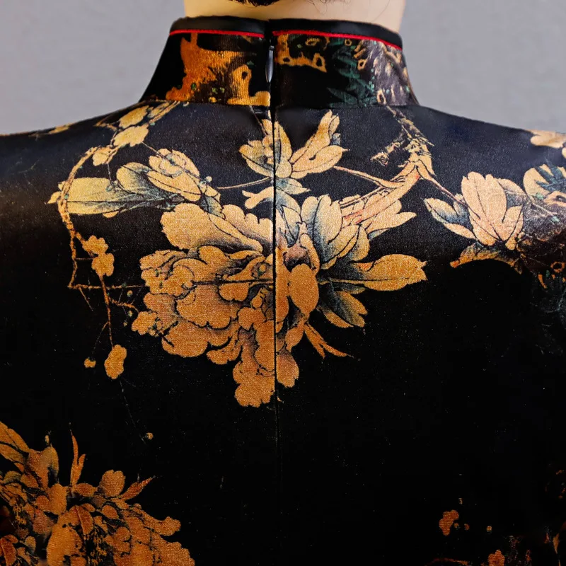 Современный черный цветок Cheongsam Длинные Платья Восточный стиль ожерелье винтажное платье Qi Pao женское традиционное китайское платье Qipao