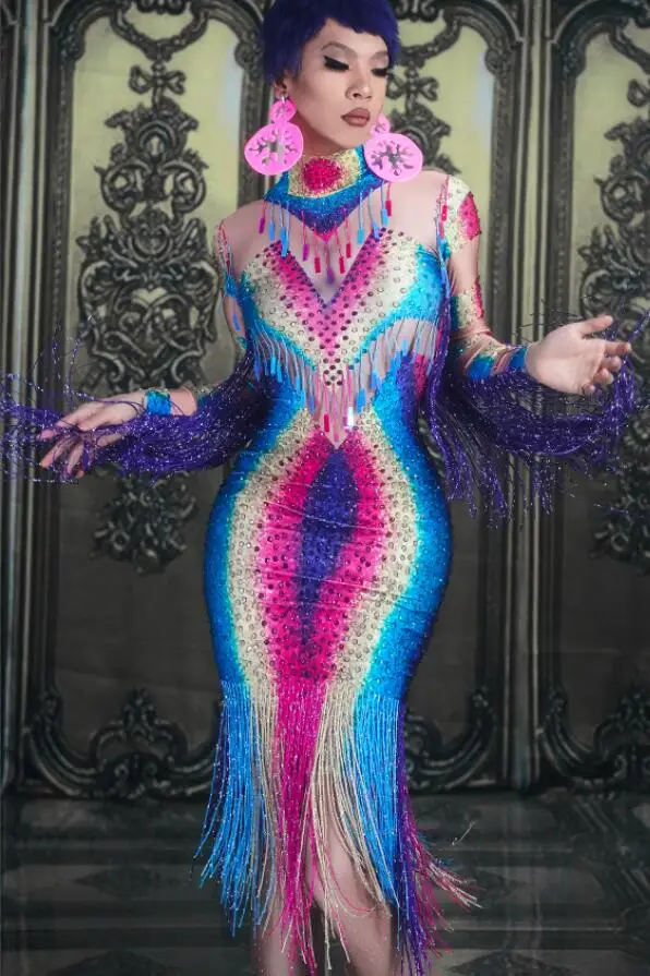 

Women Sexy Shiny Rhinestone Long Dress Colorful Bling Tassel Sparkling Crystals Nightclub Party Stage Wear Dance Costumes Dresse