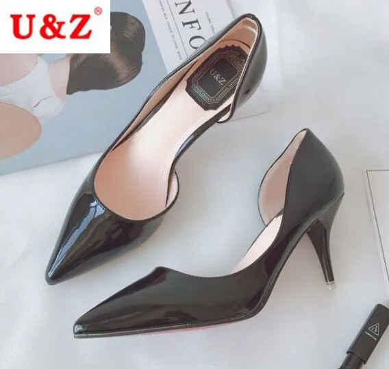 

U&Z Brand pointed toe Black patent leather D'Orsay pumps,Nude office women 65mm middle heel one side open shoes comfort pumps