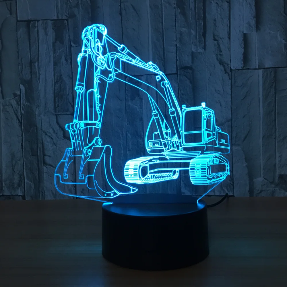 Lámpara de mesa LED con forma de excavadora 3D, luz nocturna, 7 colores, USB, novedad
