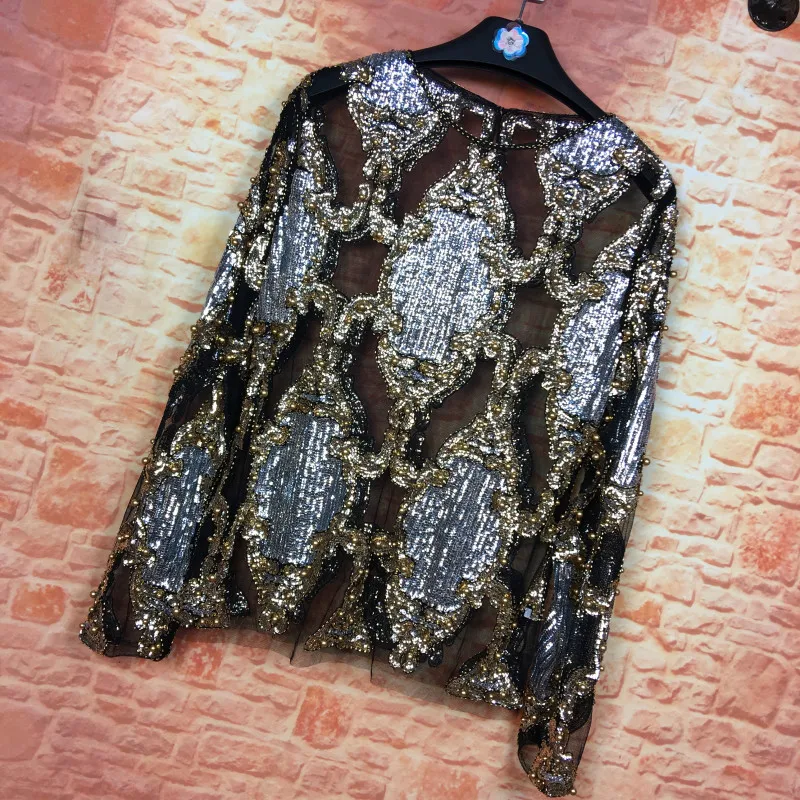 HIGH STREET Новая мода дизайнерская блузка Топ Женская с длинным рукавом Роскошная расшитая блестками газовая блузка