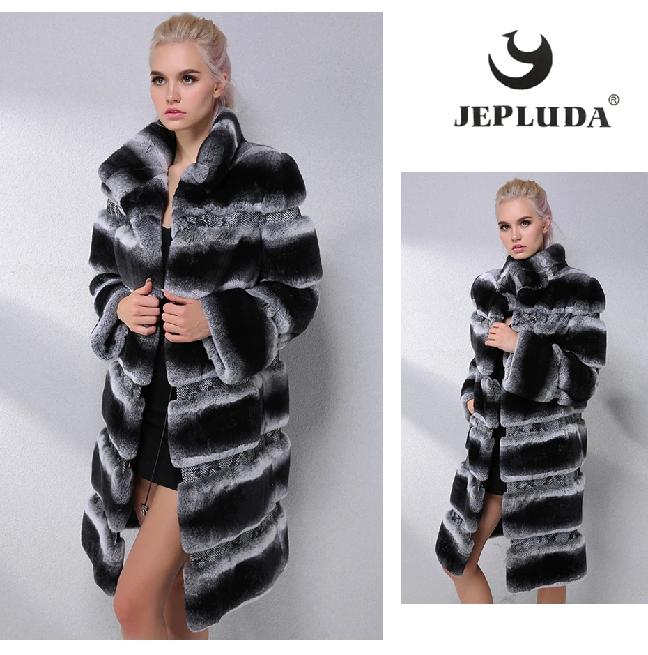 JEPLUDA Шуба Натуральный Мех Кролика Шиншилла с Натуральная Кожа Имитация Змеевик Женские Зимнее Пальто Утеплительный Шуба Кролик Rex Реальные Меховая Куртка Женская Зимняя Классическая