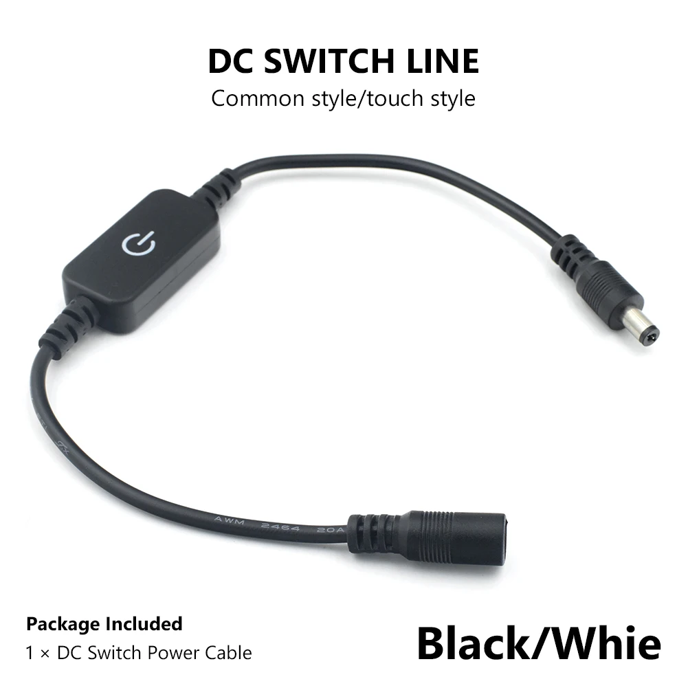 

TSLEEN In Line Power Cable White Connector Jack Wire ON/OFF Switch 2 Types for CCTV LED Strip Light DC 12-24V