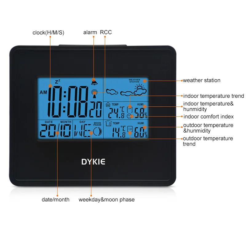 DCF Radio Controlled Weather Station Black Clock Forecast Backlight Indoor Outdoor Temperature Humidity Monitor | Инструменты