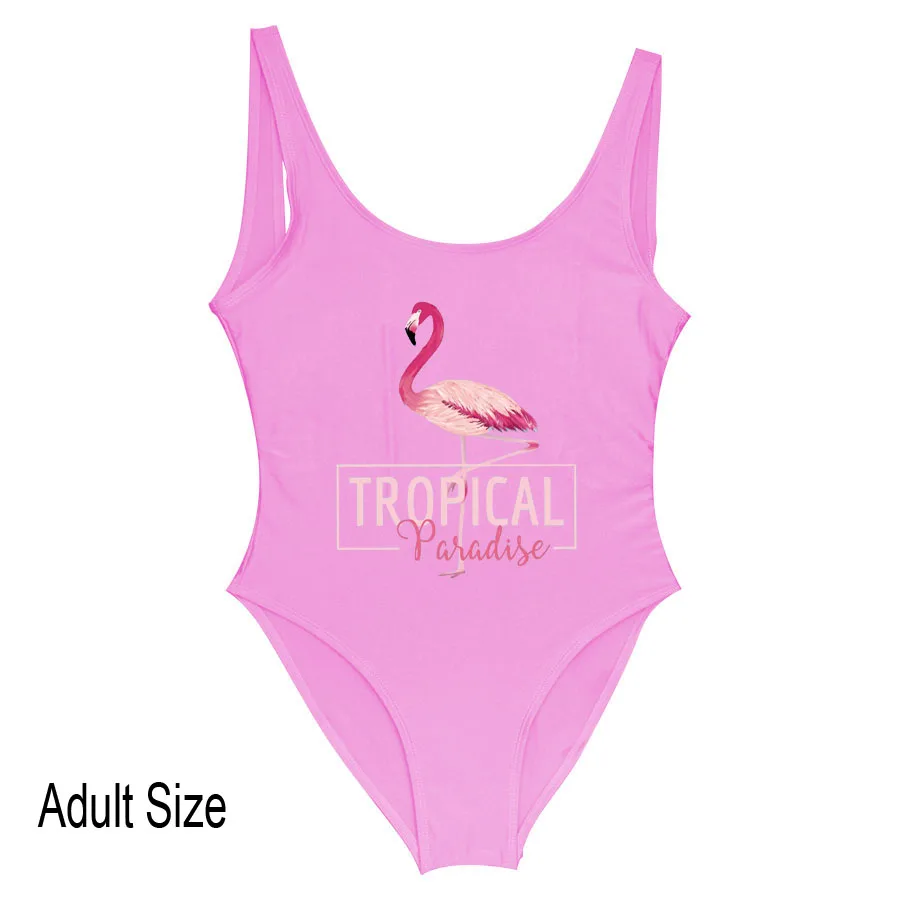 Adult Pink Купальник с принтом фламинго для женщин и детей, одежда для купания, цельный костюм, купальник с высокой посадкой и низкой спинкой, купальник для женщин, монокини - Цвет: Adult Pink