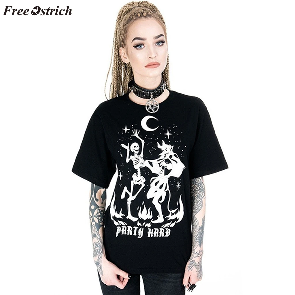 Бесплатная Страусиная женская готическая Панк Черная Винтажная футболка с