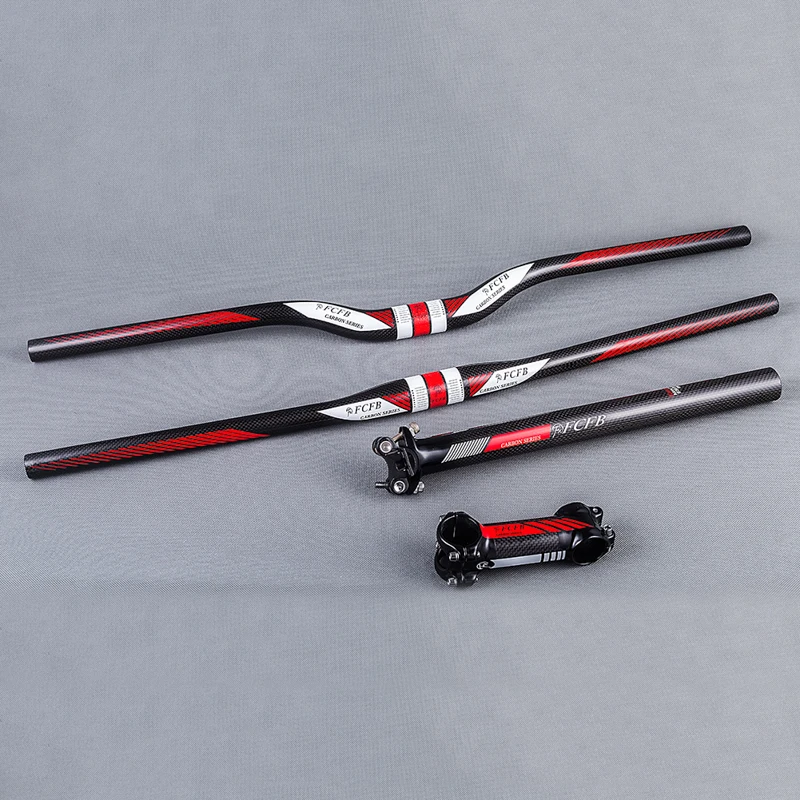 

FCFB Carbon Fiber Horizontal One-shaped Handlebar MTB Bike Parts Sets Bicycle Flat Rise Handlebar + Stem + Seatpost