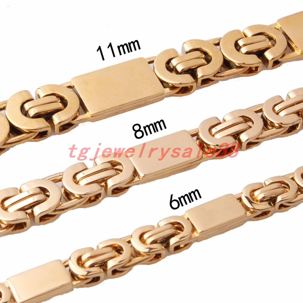 

New Fashion 6/8/11mm Stainless Steel Falt Byzantine Link Chain Bracelet Or Necklace Biker Men's Jewelry Gold Color 7-40" Option