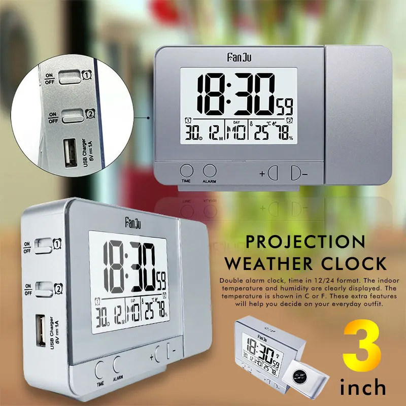 Alarm Clocks Projection Clock 3 Inch LCD Temperature and Time FanJu FJ3531 Radios Snooze Function | Дом и сад