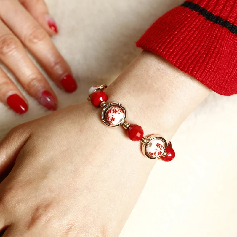 Женский винтажный браслет с керамическими бусинами|Плетеные браслеты| |