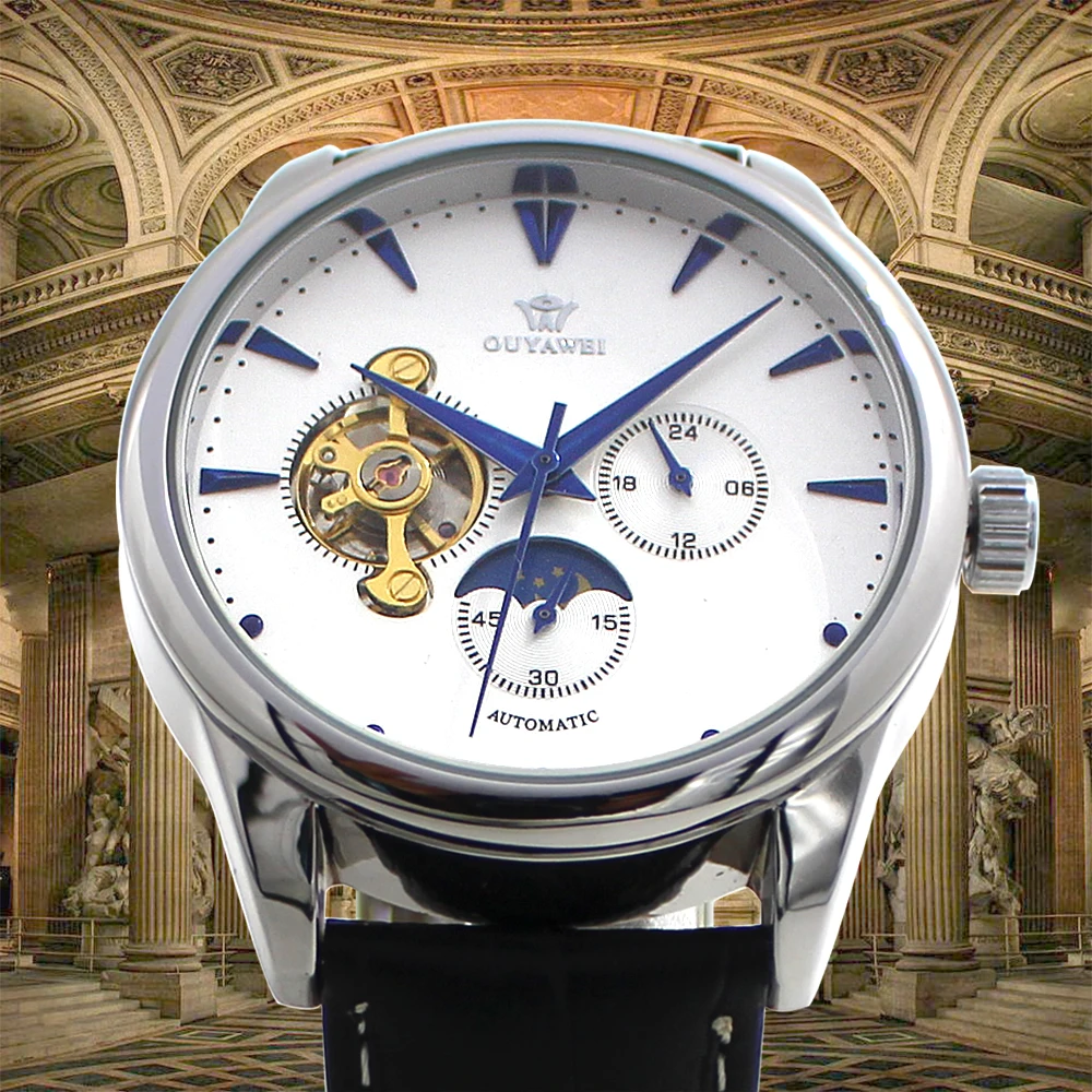 Часы OUYAWEI Мужские механические с автоматическим циферблатом и ремешком из
