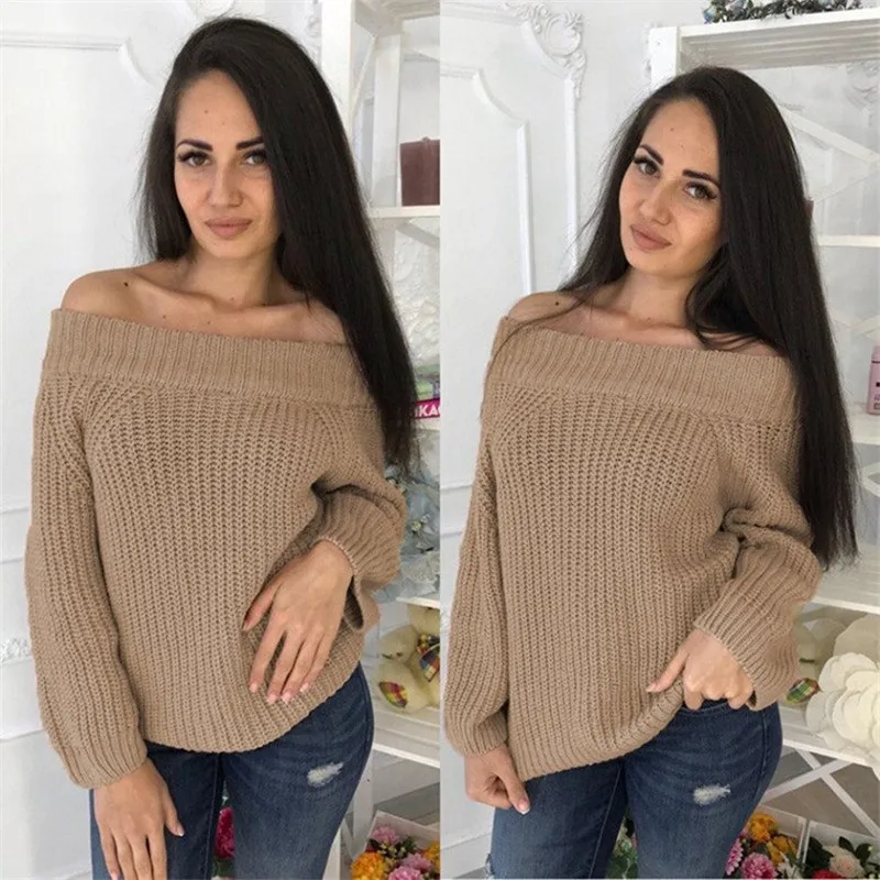 Повседневный осенне-зимний свободный женский свитер с вырезом лодочкой и