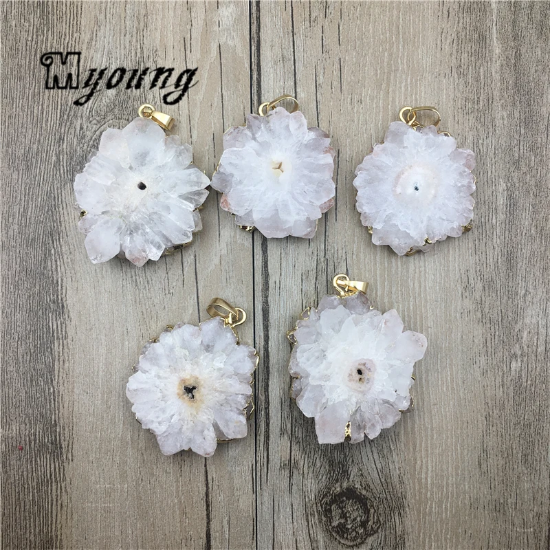 Large Sun Flower Shape White Quartz Druzy Slice Pendant,Natural White Crystal Quartz Necklace Charm Jewelry Making MY0450