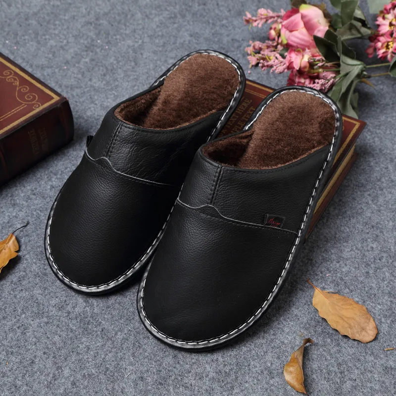 Winter Cotton Leather Slippers for Women/Men Home Couple Slippers Female Indoor Non-slip TPR Bottom Sandals