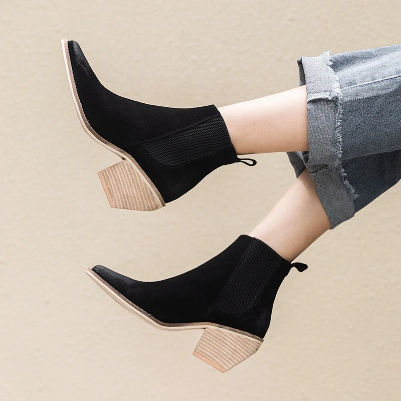 Женские ботильоны из натуральной кожи Черные полусапожки мартинсы на высоком